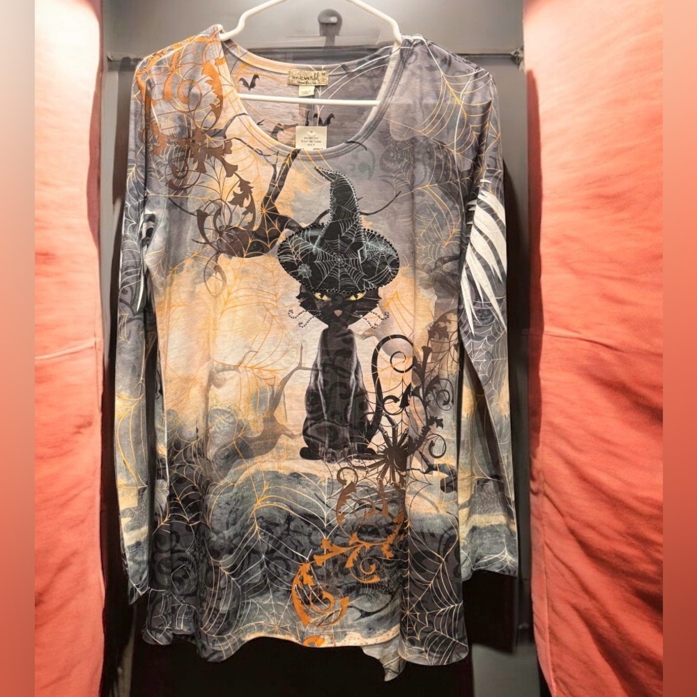 ONE WORLD Witch and Web Long Sleeve Top - Gray and Orange oversized MEDIUM